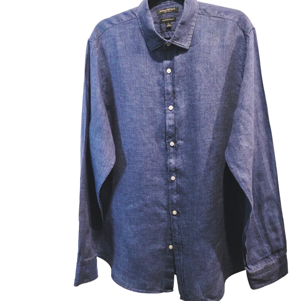Banana Republic Men's Blue Linen Camden Standard Fit Long Sleeve Shirt Sz  L